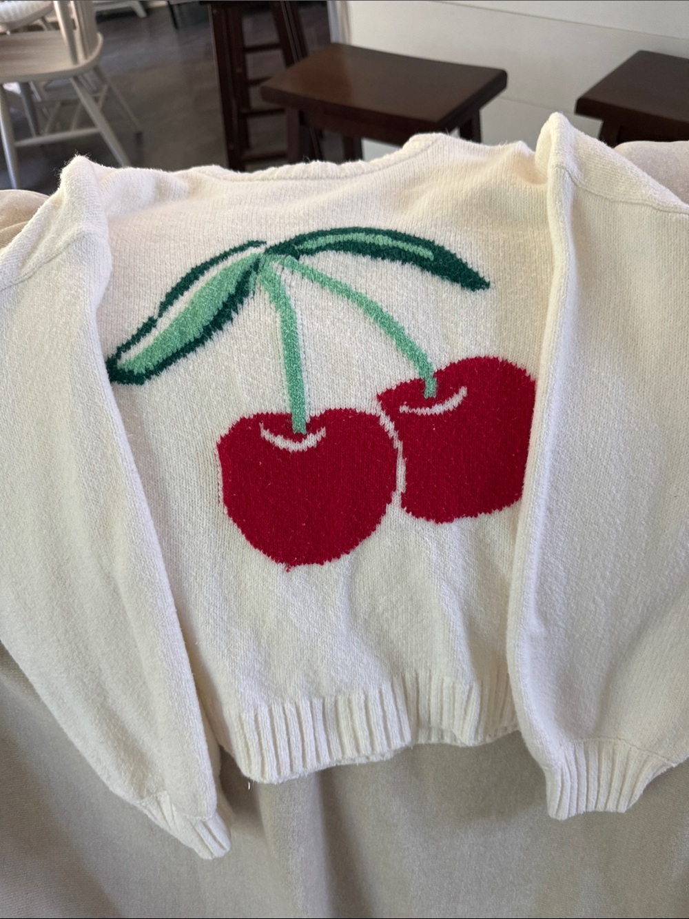 Old Navy Cream Sweater with Red Cherry Graphic and Green Leaves